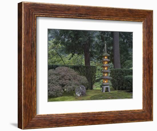 Stone Lantern Illuminated with Candles, Portland Japanese Garden, Oregon, USA-William Sutton-Framed Photographic Print