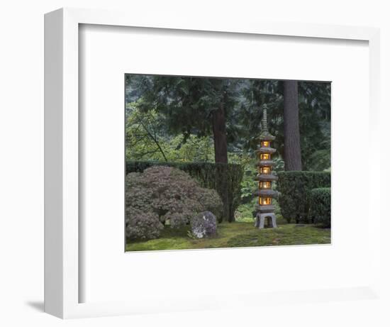 Stone Lantern Illuminated with Candles, Portland Japanese Garden, Oregon, USA-William Sutton-Framed Photographic Print