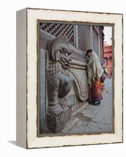 Stone Lions Guard a Prayer Wall in Durbar Square, Kathmandu, Nepal, Asia-Mark Chivers-Framed Premier Image Canvas