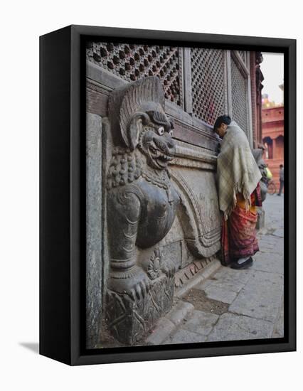 Stone Lions Guard a Prayer Wall in Durbar Square, Kathmandu, Nepal, Asia-Mark Chivers-Framed Premier Image Canvas