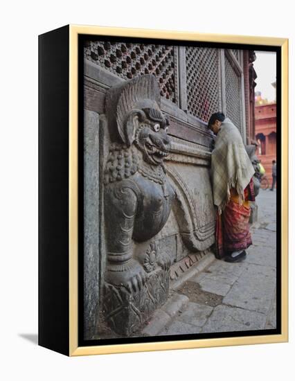 Stone Lions Guard a Prayer Wall in Durbar Square, Kathmandu, Nepal, Asia-Mark Chivers-Framed Premier Image Canvas