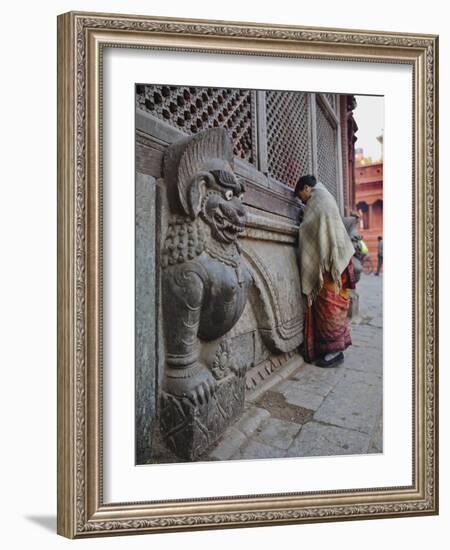 Stone Lions Guard a Prayer Wall in Durbar Square, Kathmandu, Nepal, Asia-Mark Chivers-Framed Photographic Print