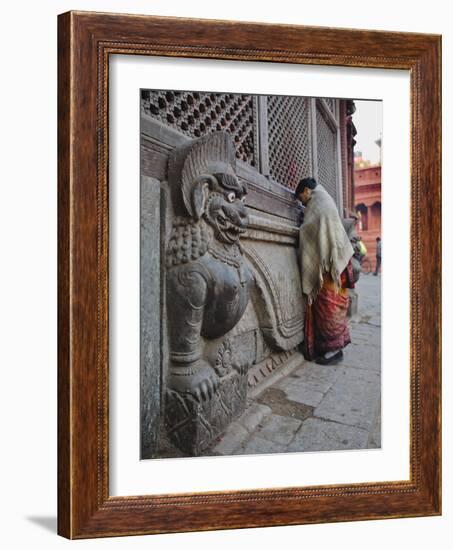 Stone Lions Guard a Prayer Wall in Durbar Square, Kathmandu, Nepal, Asia-Mark Chivers-Framed Photographic Print