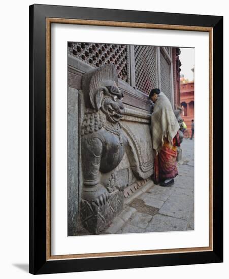 Stone Lions Guard a Prayer Wall in Durbar Square, Kathmandu, Nepal, Asia-Mark Chivers-Framed Photographic Print