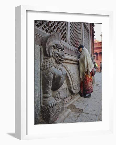 Stone Lions Guard a Prayer Wall in Durbar Square, Kathmandu, Nepal, Asia-Mark Chivers-Framed Photographic Print