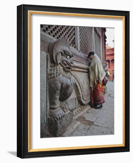 Stone Lions Guard a Prayer Wall in Durbar Square, Kathmandu, Nepal, Asia-Mark Chivers-Framed Photographic Print