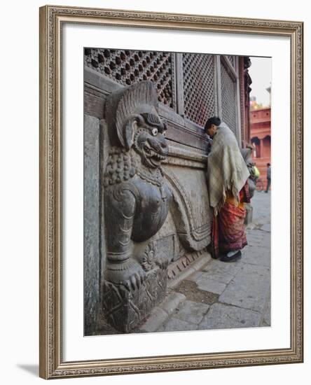 Stone Lions Guard a Prayer Wall in Durbar Square, Kathmandu, Nepal, Asia-Mark Chivers-Framed Photographic Print