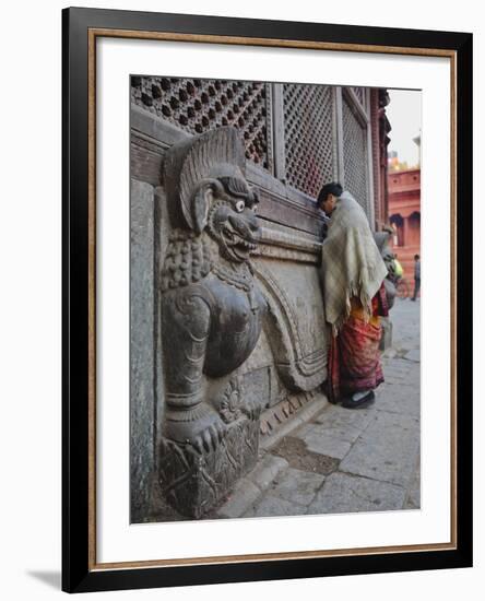 Stone Lions Guard a Prayer Wall in Durbar Square, Kathmandu, Nepal, Asia-Mark Chivers-Framed Photographic Print