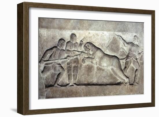 Stone relief ofStone relief of Gladiators fighting a lion, Turkey, c 323BC-31BC-Unknown-Framed Giclee Print