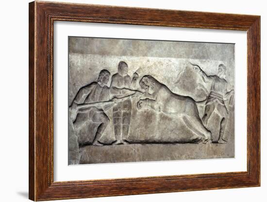 Stone relief ofStone relief of Gladiators fighting a lion, Turkey, c 323BC-31BC-Unknown-Framed Giclee Print
