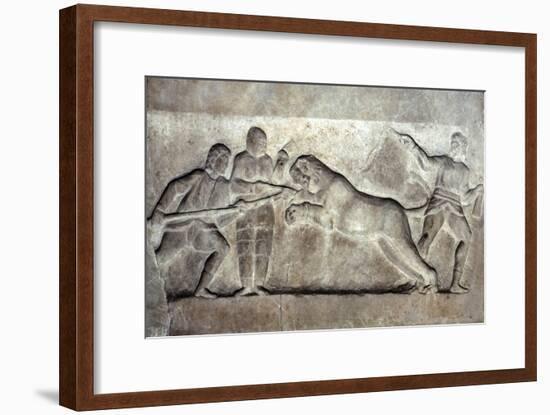 Stone relief ofStone relief of Gladiators fighting a lion, Turkey, c 323BC-31BC-Unknown-Framed Giclee Print