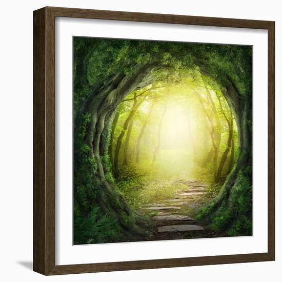 Stone Road in Magic Forest Leads to Haze of Light-egal-Framed Photographic Print