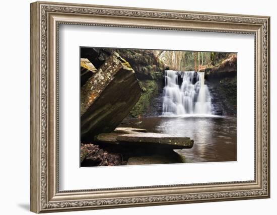 Stone Slabs and Goitstock Waterfall, Cullingworth, Yorkshire, England, United Kingdom, Europe-Mark Sunderland-Framed Photographic Print