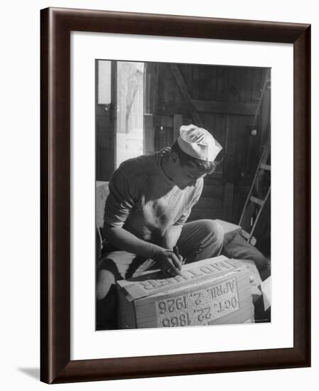 Stonecutter Student Clyde Minich Working in His Father's Tombstone Shop to Earn Graduation Credits-Nina Leen-Framed Photographic Print