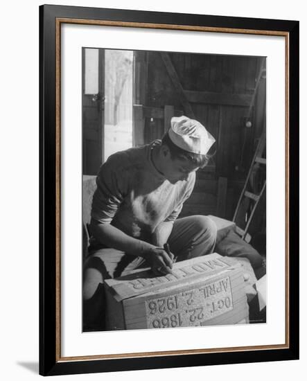 Stonecutter Student Clyde Minich Working in His Father's Tombstone Shop to Earn Graduation Credits-Nina Leen-Framed Photographic Print