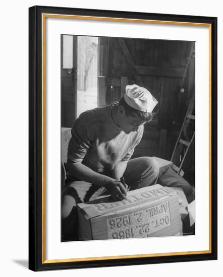 Stonecutter Student Clyde Minich Working in His Father's Tombstone Shop to Earn Graduation Credits-Nina Leen-Framed Photographic Print