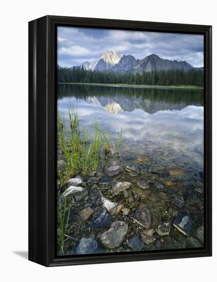 Stones Along Shore of Frog Lake with Mountain Peaks in Back, Sawtooth National Recreation Area, USA-Scott T^ Smith-Framed Premier Image Canvas