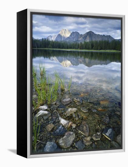 Stones Along Shore of Frog Lake with Mountain Peaks in Back, Sawtooth National Recreation Area, USA-Scott T^ Smith-Framed Premier Image Canvas