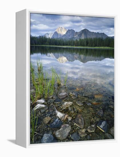 Stones Along Shore of Frog Lake with Mountain Peaks in Back, Sawtooth National Recreation Area, USA-Scott T^ Smith-Framed Premier Image Canvas