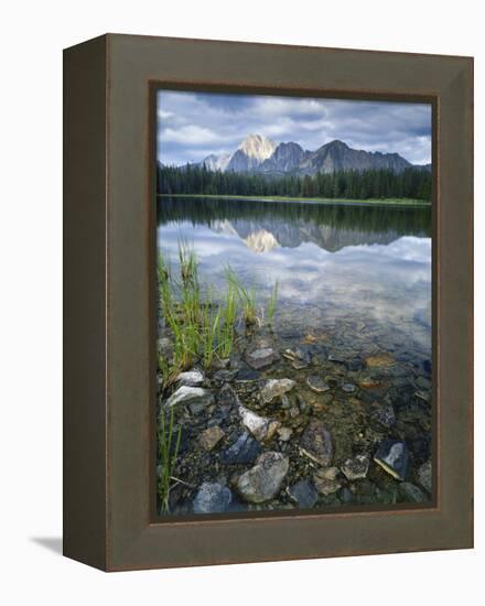 Stones Along Shore of Frog Lake with Mountain Peaks in Back, Sawtooth National Recreation Area, USA-Scott T^ Smith-Framed Premier Image Canvas