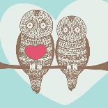 Wise Owl Couple on Tree Branch under Heart Shaped Moon-stopitnow-Framed Premium Giclee Print