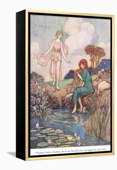 Stopping Beside a Fountain-Warwick Goble-Framed Premier Image Canvas