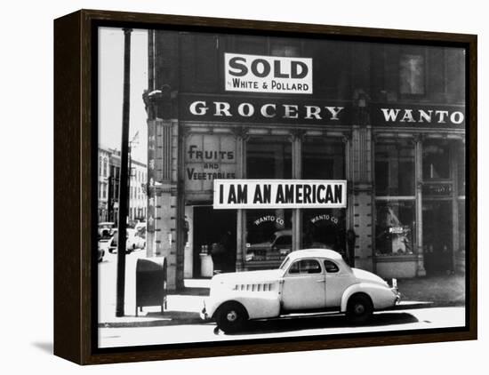 Store Sign Reads, "I am an American," After Pearl Harbor Attack, and "Sold", Following Evacuation-Dorothea Lange-Framed Premier Image Canvas