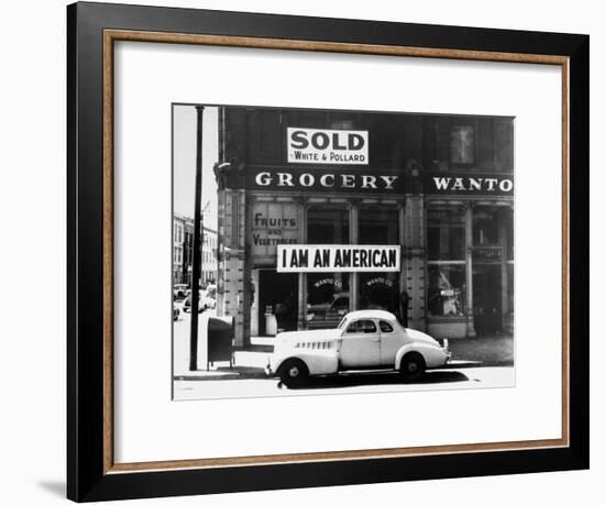 Store Sign Reads, "I am an American," After Pearl Harbor Attack, and "Sold", Following Evacuation-Dorothea Lange-Framed Premium Photographic Print