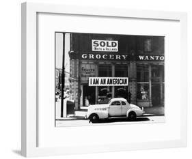 Store Sign Reads, "I am an American," After Pearl Harbor Attack, and "Sold", Following Evacuation-Dorothea Lange-Framed Photographic Print