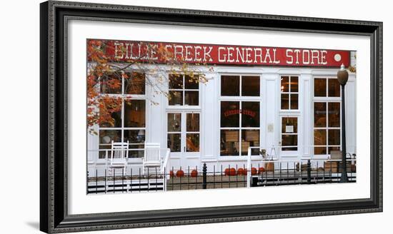 Store windows of general store in historic Billie Creek Village, Indiana, USA-Anna Miller-Framed Photographic Print