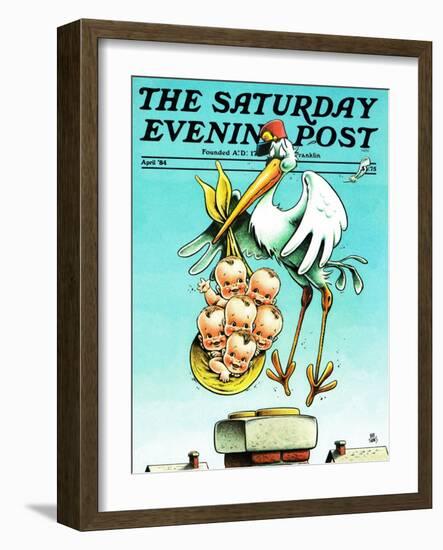 "Stork and Quints," Saturday Evening Post Cover, April 1, 1984-BB Sams-Framed Premium Giclee Print