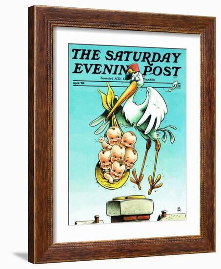 "Stork and Quints," Saturday Evening Post Cover, April 1, 1984-BB Sams-Framed Giclee Print