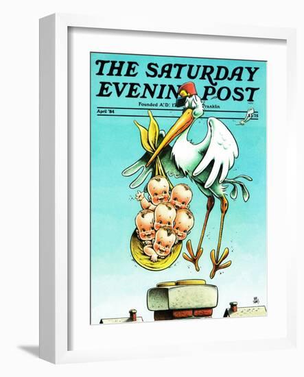 "Stork and Quints," Saturday Evening Post Cover, April 1, 1984-BB Sams-Framed Giclee Print