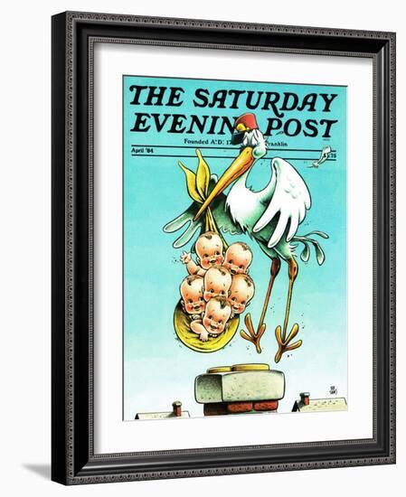 "Stork and Quints," Saturday Evening Post Cover, April 1, 1984-BB Sams-Framed Giclee Print