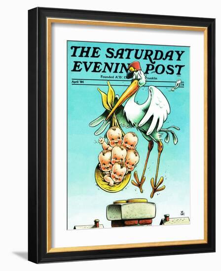 "Stork and Quints," Saturday Evening Post Cover, April 1, 1984-BB Sams-Framed Giclee Print