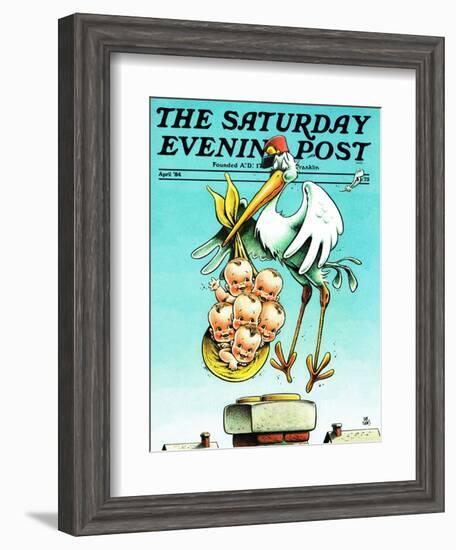 "Stork and Quints," Saturday Evening Post Cover, April 1, 1984-BB Sams-Framed Giclee Print