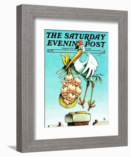 "Stork and Quints," Saturday Evening Post Cover, April 1, 1984-BB Sams-Framed Giclee Print