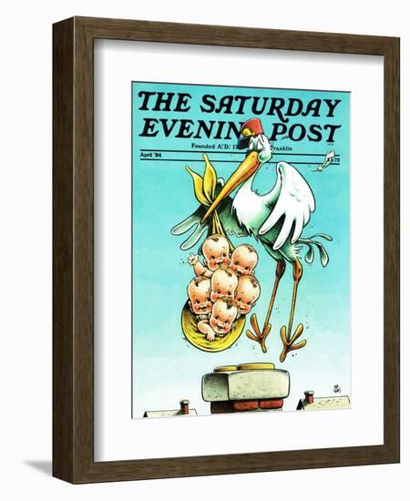 "Stork and Quints," Saturday Evening Post Cover, April 1, 1984-BB Sams-Framed Giclee Print