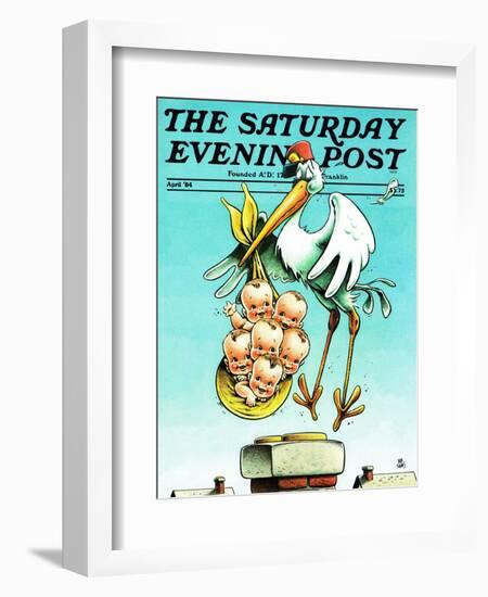 "Stork and Quints," Saturday Evening Post Cover, April 1, 1984-BB Sams-Framed Giclee Print