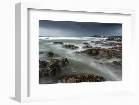 Stormy conditions on the rocky Bantham coast in autumn, looking across to Burgh Island, Devon-Adam Burton-Framed Photographic Print