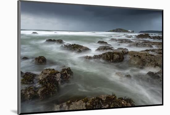 Stormy conditions on the rocky Bantham coast in autumn, looking across to Burgh Island, Devon-Adam Burton-Mounted Photographic Print