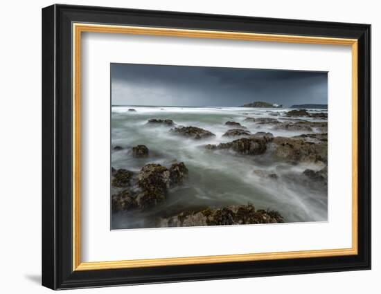 Stormy conditions on the rocky Bantham coast in autumn, looking across to Burgh Island, Devon-Adam Burton-Framed Photographic Print