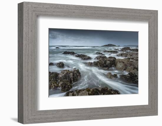 Stormy conditions on the rocky Bantham coast, looking across to Burgh Island, Devon, England-Adam Burton-Framed Photographic Print