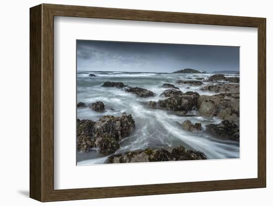 Stormy conditions on the rocky Bantham coast, looking across to Burgh Island, Devon, England-Adam Burton-Framed Photographic Print