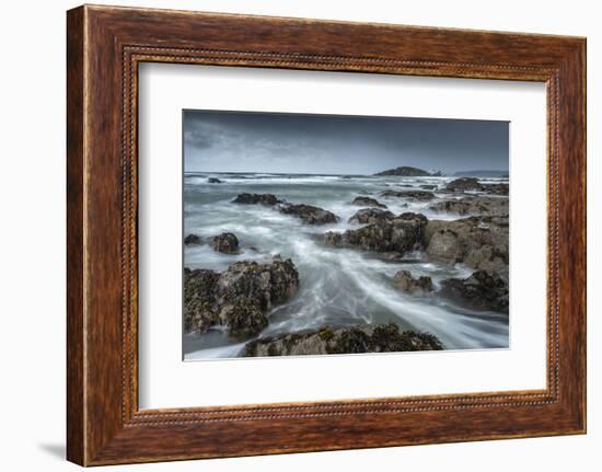 Stormy conditions on the rocky Bantham coast, looking across to Burgh Island, Devon, England-Adam Burton-Framed Photographic Print