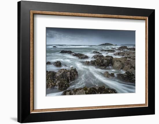 Stormy conditions on the rocky Bantham coast, looking across to Burgh Island, Devon, England-Adam Burton-Framed Photographic Print