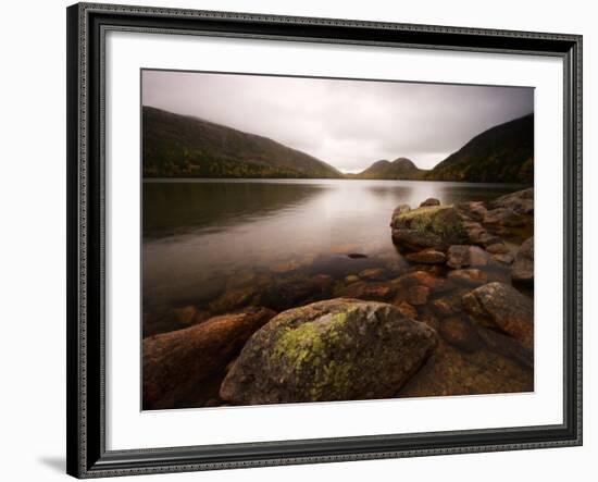Stormy Day with Green Lichen on Rocks of Jordon Pond, Acadia National Park, Maine, USA-Joanne Wells-Framed Photographic Print