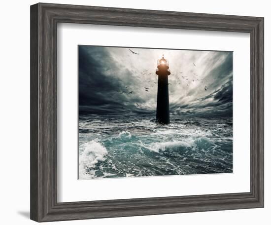 Stormy Sky Over Flooded Lighthouse-NejroN Photo-Framed Art Print