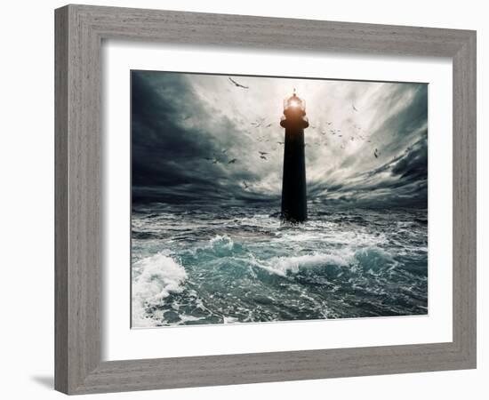 Stormy Sky Over Flooded Lighthouse-NejroN Photo-Framed Art Print