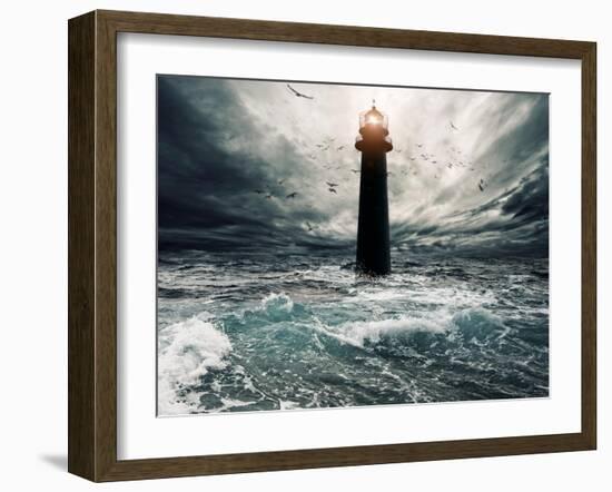 Stormy Sky Over Flooded Lighthouse-NejroN Photo-Framed Art Print